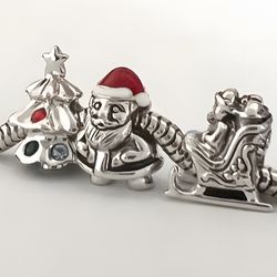 3 Christmas Charms For pandora 925 Sterling Silver With Crystals And Enamel