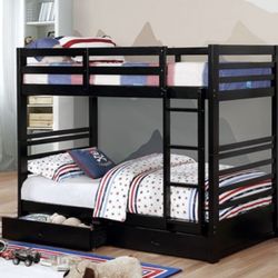 Brand New Black Twin Size Bunk Bed w Trundle Drawers 