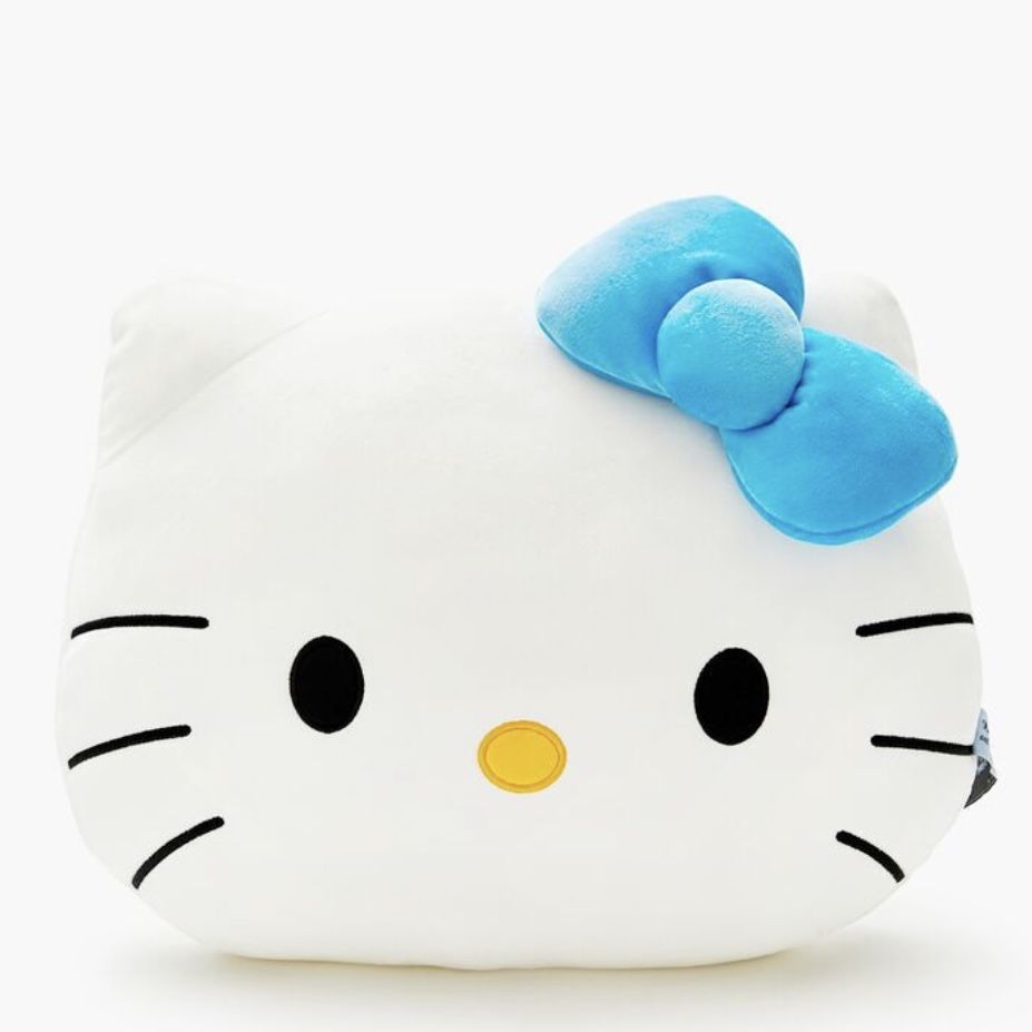 Hello Kitty Sanrio Pillow Blue PLUSH EMBROIDERED Accent Decorative NEW 16” X 12” A pillow featuring a Hello Kitty design with an embroidered face and