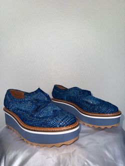 Clergerie Paris "Basel" Blue Raffia Platform Oxfords