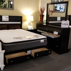Brand New Black Or Gray Storage Queen Bedframe + Dresser + Mirror + Nightstand 4PCs Bedroom Set