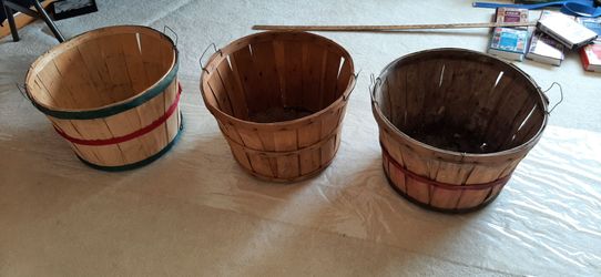 3 Large vintage wooden buschel baskets