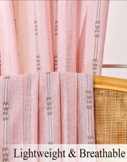 Pink Linen Curtain Panel with Gray Embroidery