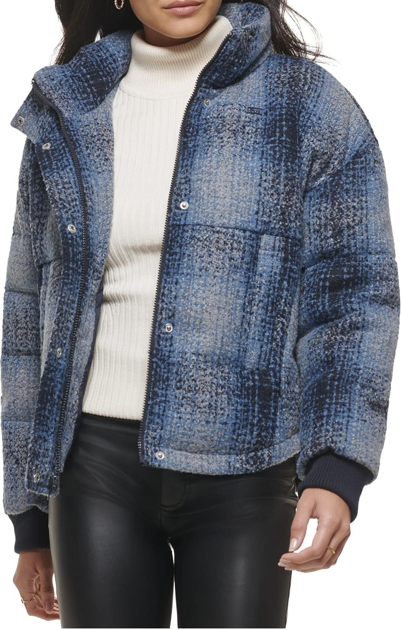 Levi's Women's Cinch Waist Puffer Coat Jacket  Blue Ombre/Wool Plaid Sz Medium