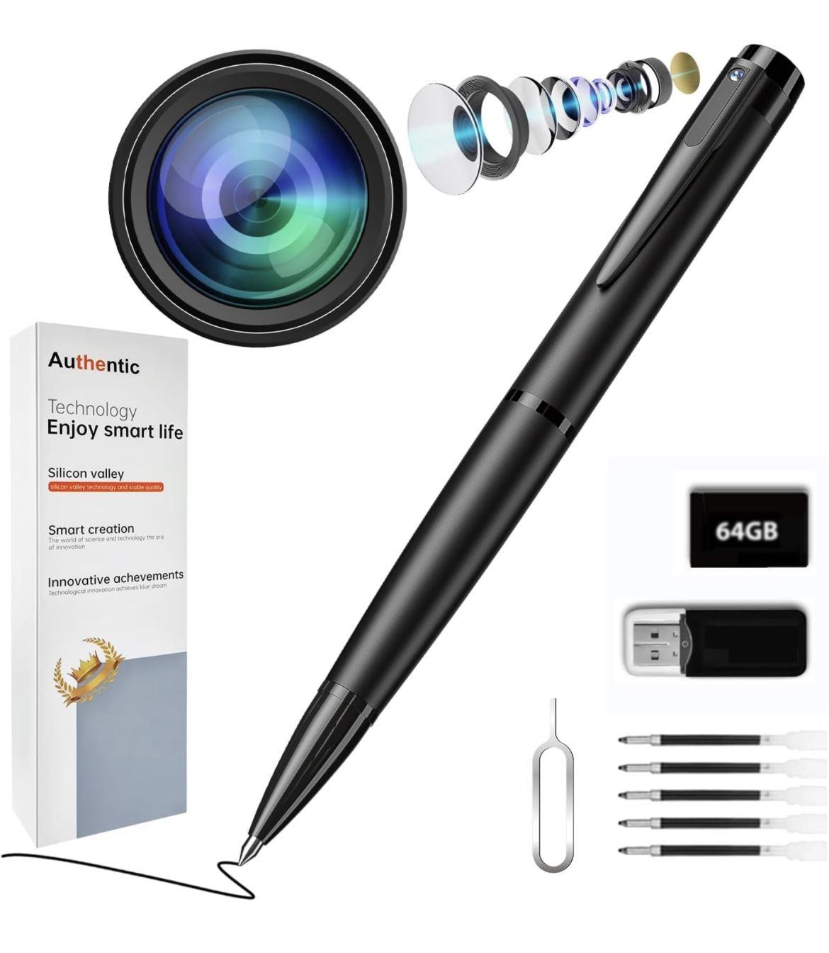 New in box 1080P Hidden mini Camera pen video recorder with 64GB with Motion Detection Security for Home,Baby Monitoring(Black)