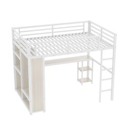 Queen Size Loft Bed Frame with Built-in Wardrobe, Metal Loft Bed with Desk and Storage Shelves, White Wood-grain