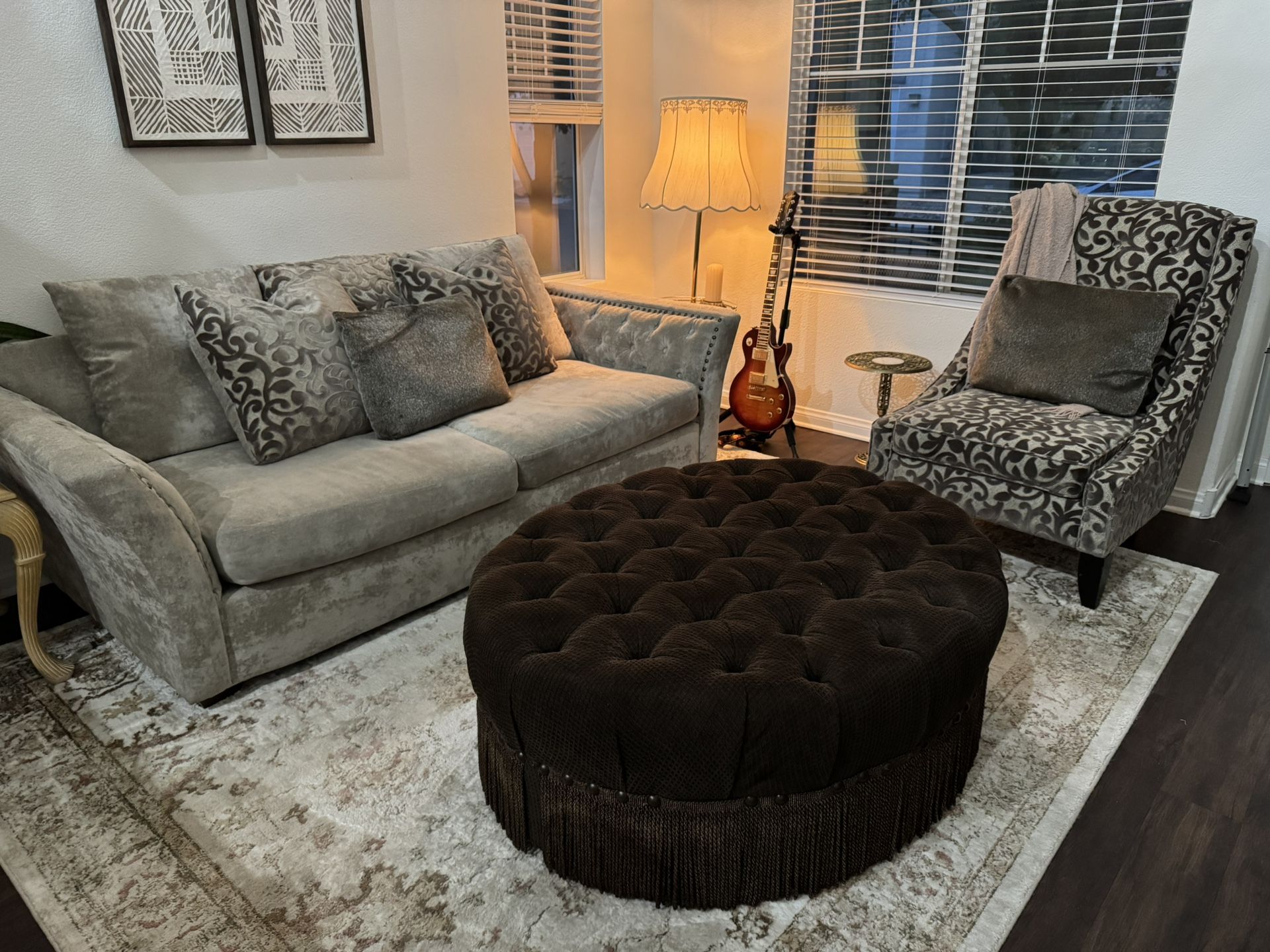 Complete Chenille Living Room Set - Sofa, Chair & Oversized Ottoman 