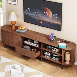 86.6" TV Stand with Power Outlet for TVs up to 90", Walnut Entertainment Center with Storage and Drawer TV Console w/ Adjustable Shelves & Sliding Doo