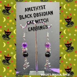 Halloween Amethyst and Black Obsidian Beads with Cat Spacer and Witch Charm Earrings