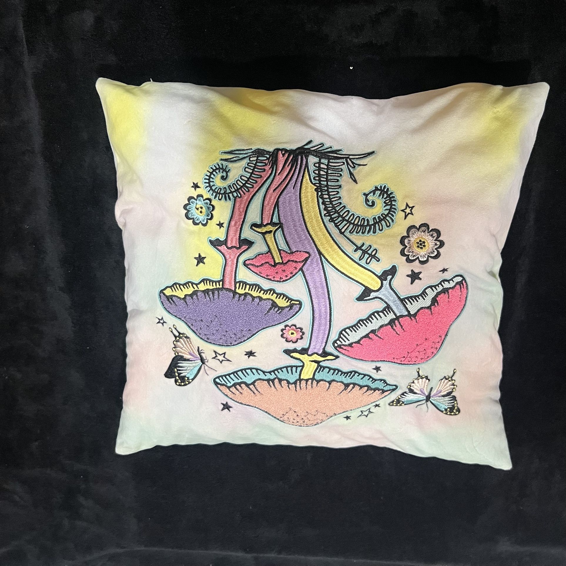 Vibrant Mushroom Theme Throw Pillow, Colorful & Butterflies 16x16
