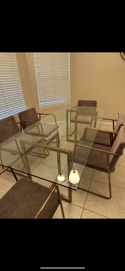 Modern Glass Dining Table + 6 Velvet Upholstered Chairs (Gold Base)
