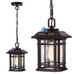 10.25'' Dusk to Dawn Outdoor Pendant Lights for Porch, Exterior Hanging Lanterns, Farmhouse Outdoor Ceiling Light Fixture, Waterproof Tempered Seed Gl