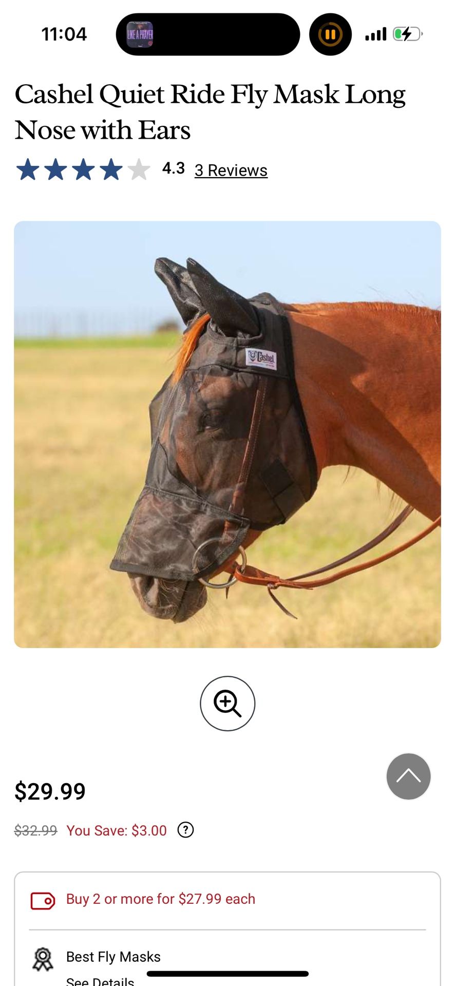 Cashel Quiet Ride Horse Fly Mask with Long Nose & Ears, Black, Yearling
