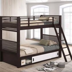 Twin over Twin Bunk Bed in Dark Java Finish with Storage Drawers!  Lowest Prices Ever!