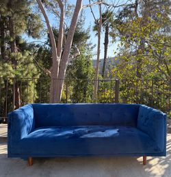 Mid Century Modern Style Tufted Blue Velvet Sofa Couch