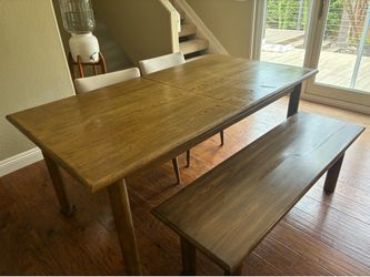 Mid century modern extendable dining table with bench and 2 chairs