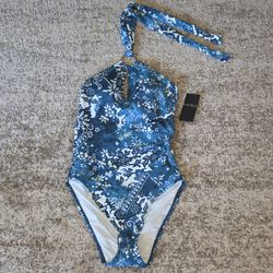 NWT Ralph Lauren Ring Halter Tie Neck One Piece Blue Bathing Suit Ruching Sz 6