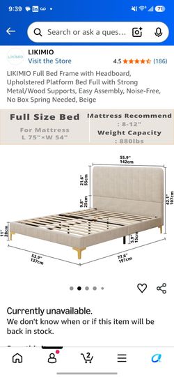 Full sized upholstered bed frame