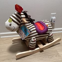 B. toys by Battat Kazoo Wooden Rocking Zebra – Rodeo Rocker – Plush Ride On Zebra Rocking Horse