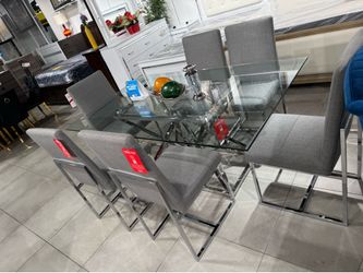 Modern Dining Set 🩶 Grey Fabric Chairs