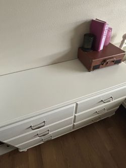 White dresser, and Queen size bed