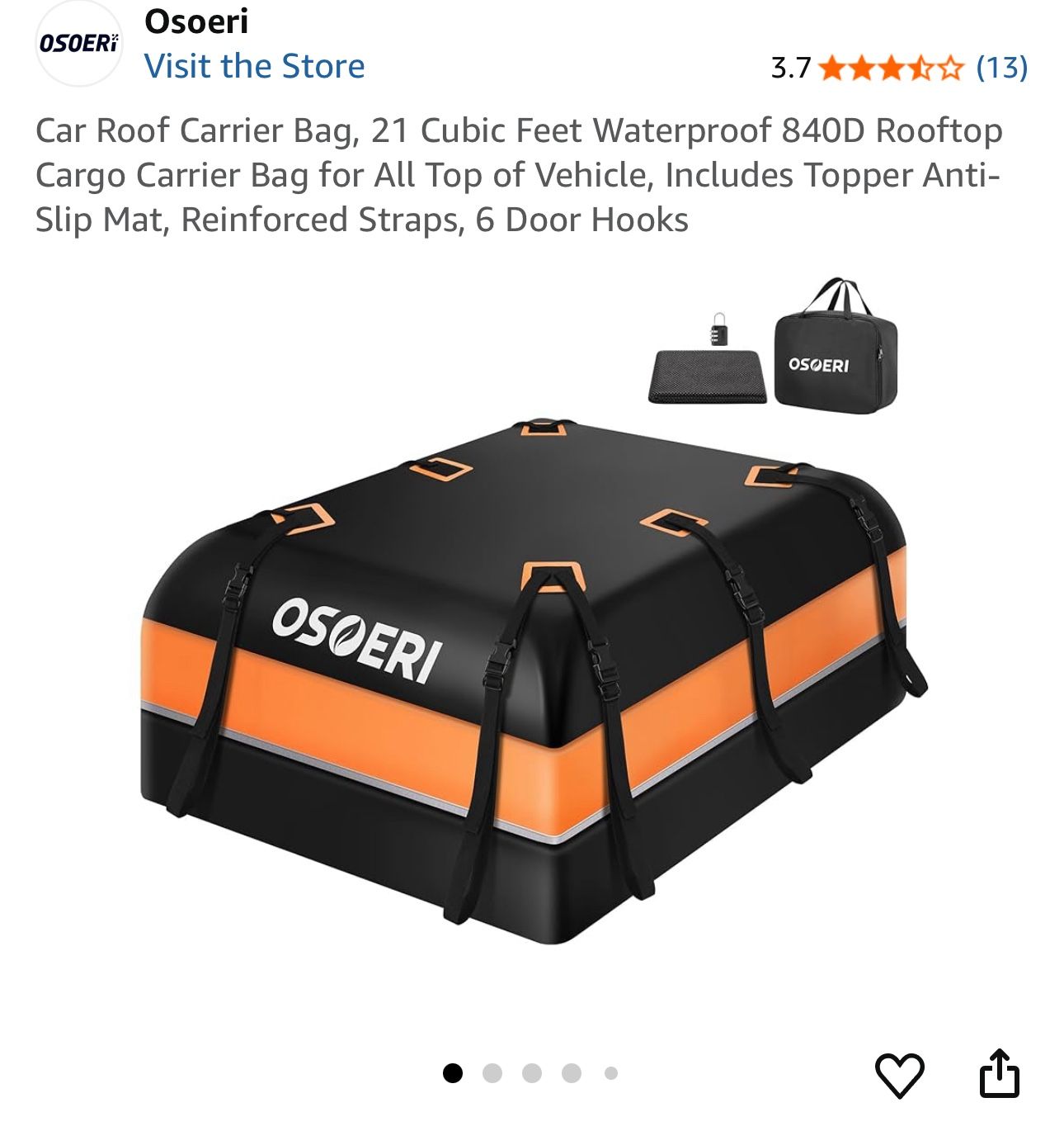 Car Roof Carrier Bag, 21 Cubic Feet Waterproof 840D Rooftop Cargo Carrier Bag for All Top of Vehicle, Includes Topper Anti-Slip Mat, Reinforced Straps