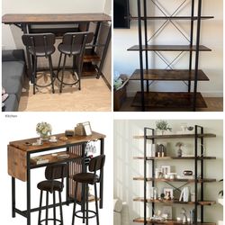 5-Tier Bookshelf + Expandable Dining Table Set with Two Bar Stools