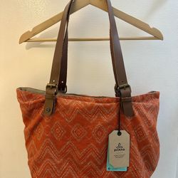 PrAna Slouch Tote Medium Bag Orange Leather Handle Recycled Organic Hemp 18" x 12"