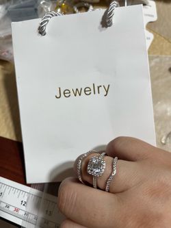 New Size 9 18K White Gold Plated Cubic Zirconia Two-in-One Halo Wedding Engagement Promise Eternity Ring for Women