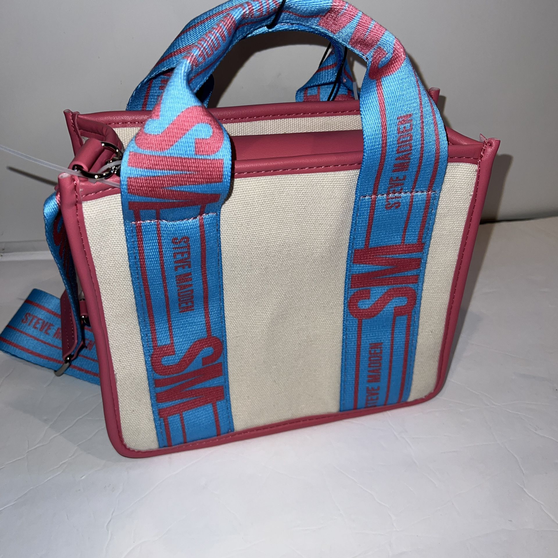 Steve Madden Cream Pink Blue Tik Tok Canvas Tote Bag Crossbody Purse BWEBBER