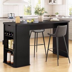 59" Island Table for Kitchen, Stationary Storage Islands Black with Wine Rack, Drawer, Sliding Door, Mid-Century Counter Height Table, Fluted Home Bar
