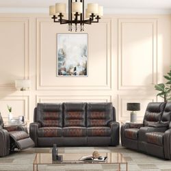 3pc Two Tone Living Room Set With Manuel Recline 