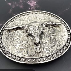 New western silver longhorn steer bull belt buckle See measurements SHIPPING AVAILABLE