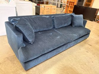 ROBIN BRUCE Modern Midnight Blue Down Filled Wide Seat Sofa with Walnut Finished Base