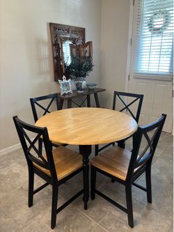 Drop-Leaf Round 5-Piece Dining Table Set w/ 4 Chairs Black & Light Wood