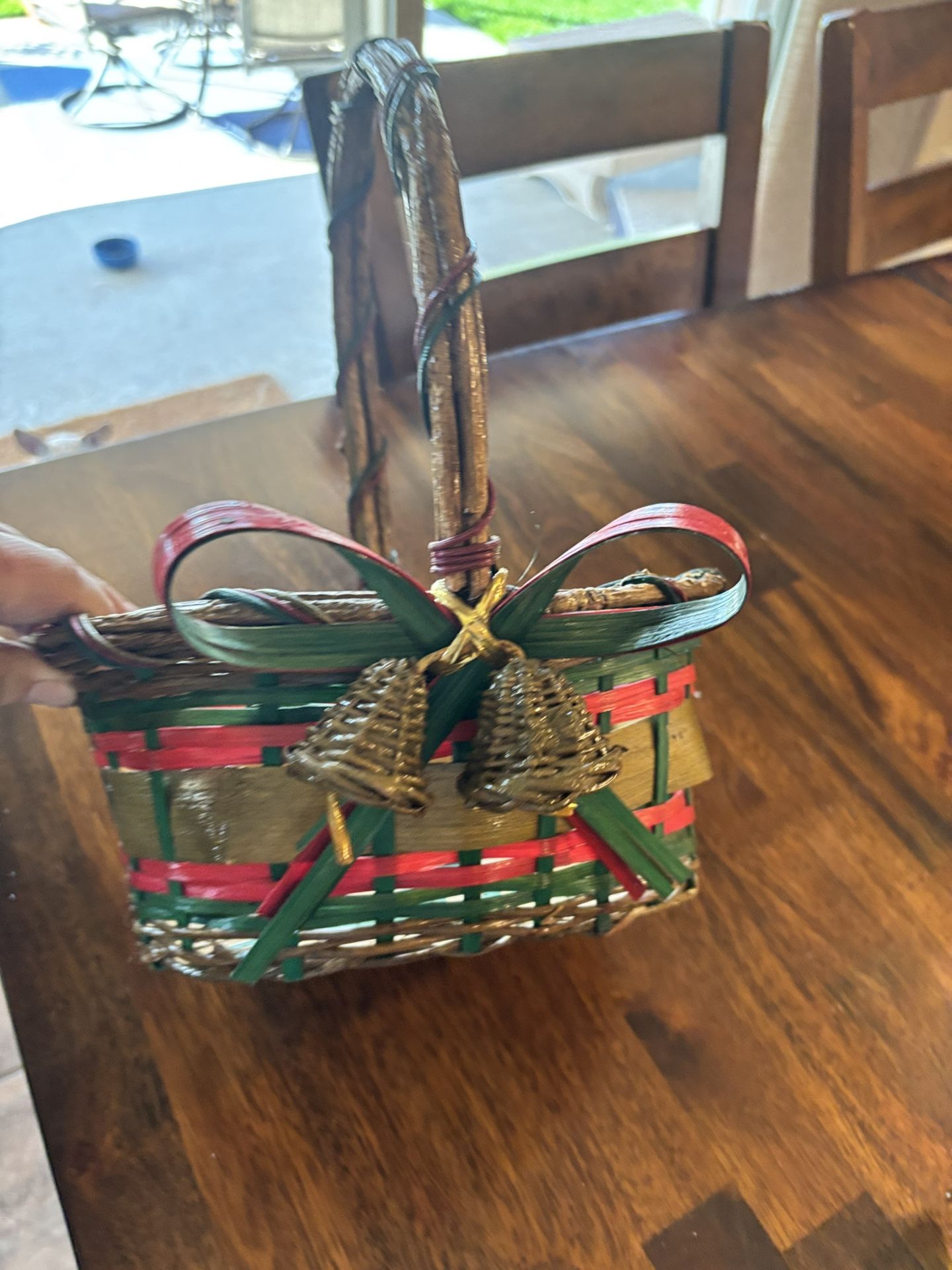 Wicker Woven Red/Green Christmas Basket With Bells & Bow
