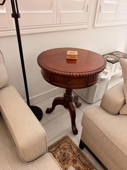 Round Mahogany Pedestal Side Table with Drawer