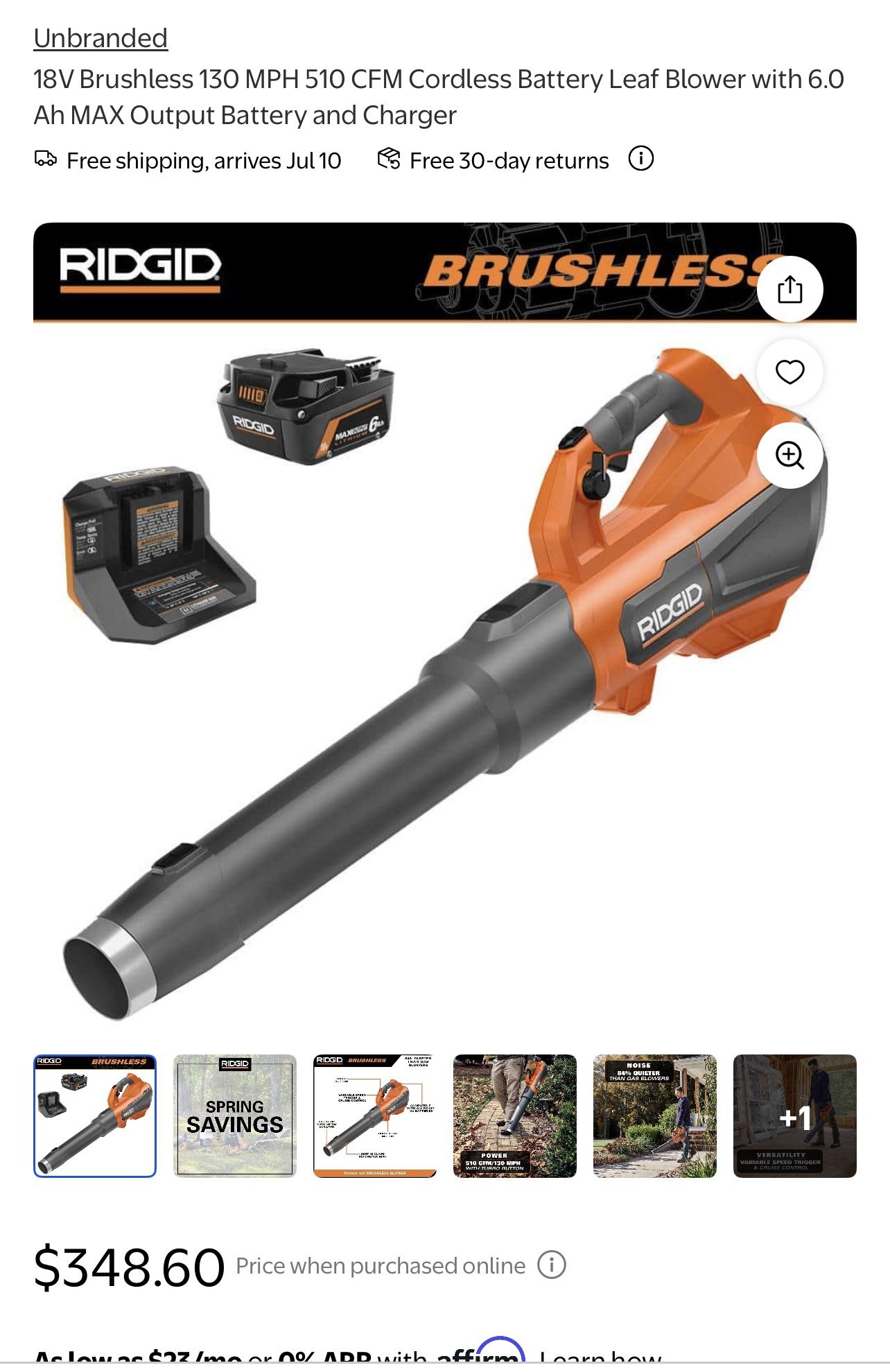 18V Brushless 130 MPH 510 CFM Cordless Battery Leaf Blower with 6.0 Ah MAX Output Battery and Charger