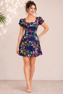 Navy Floral Mini Dress with Puff Sleeves