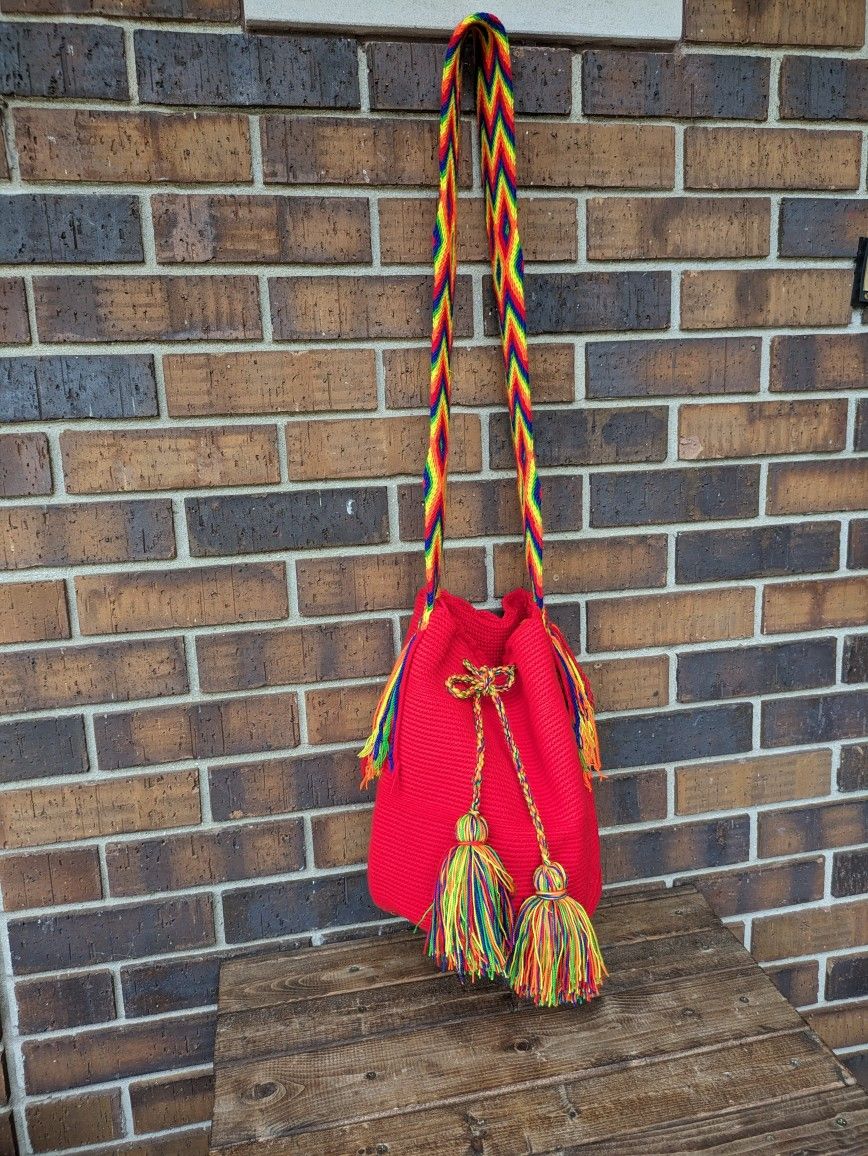 Like New Hand Woven Crossbody With Side Fringe & Multicolored Straps
