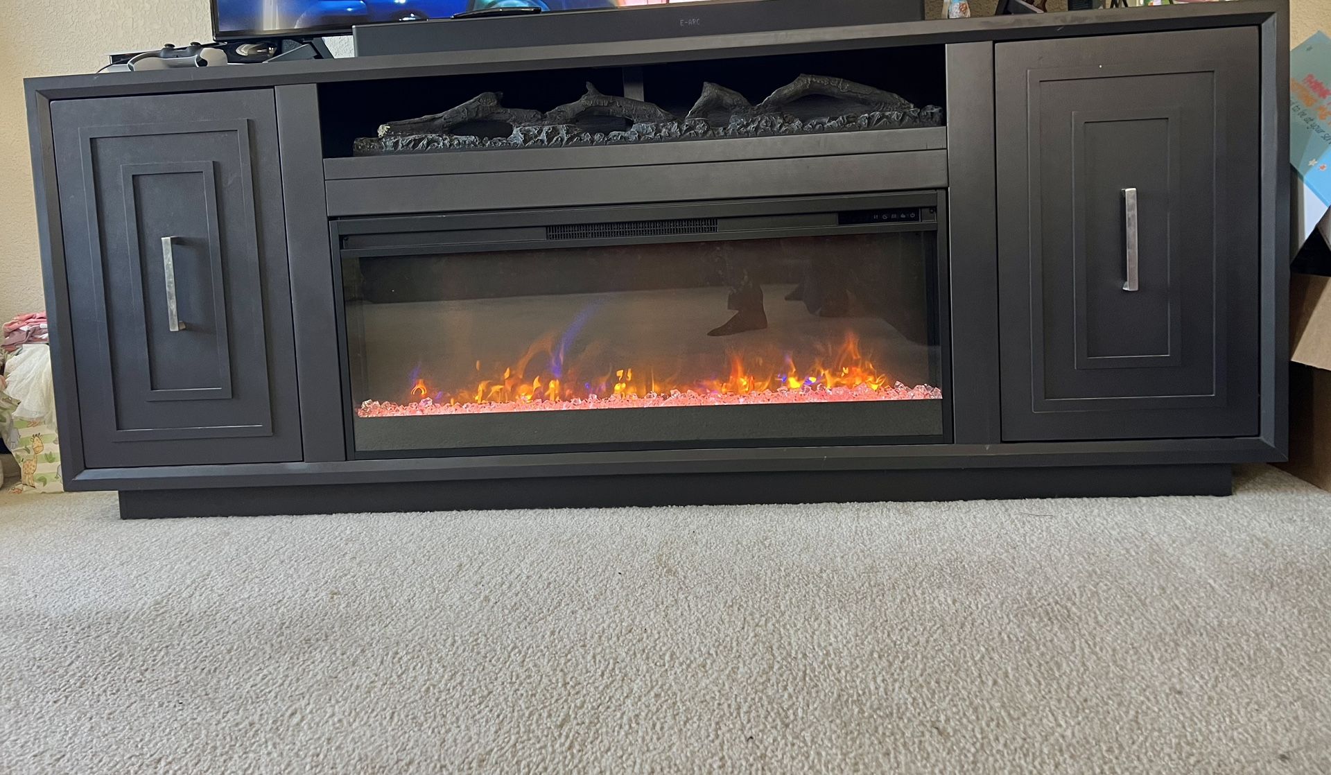 Linette Black 84" Modern Electric Fireplace Wood TV Stand | Doors | Shelves | Storage | Entertainment Center