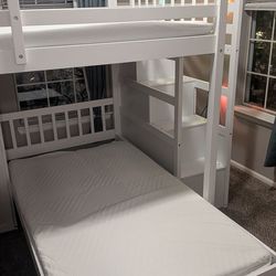 TITLE: Twin Over Full Bunk Bed with Storage Stairs + Drawers