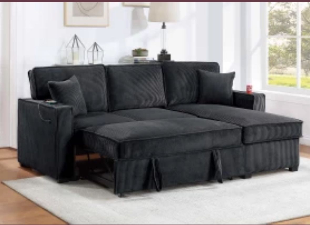 Sectional Sofa Pullout Bed W/Chaise Storage Fabric Reversible 88”x57”X33”H