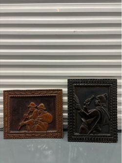 Vintage Hand-Carved Wood Relief Plaques – Latin American Folk Art – Set of 2