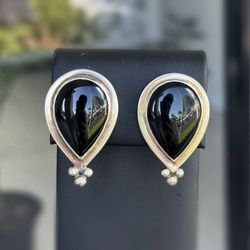 Jewelry Vintage 925 sterling silver Luxury Pearl Clip On Onyx stone Earrings 15.5g