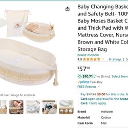 Baby Changing Basket with Pads and Safety Belt- 100% Cotton Boho Baby Moses Basket