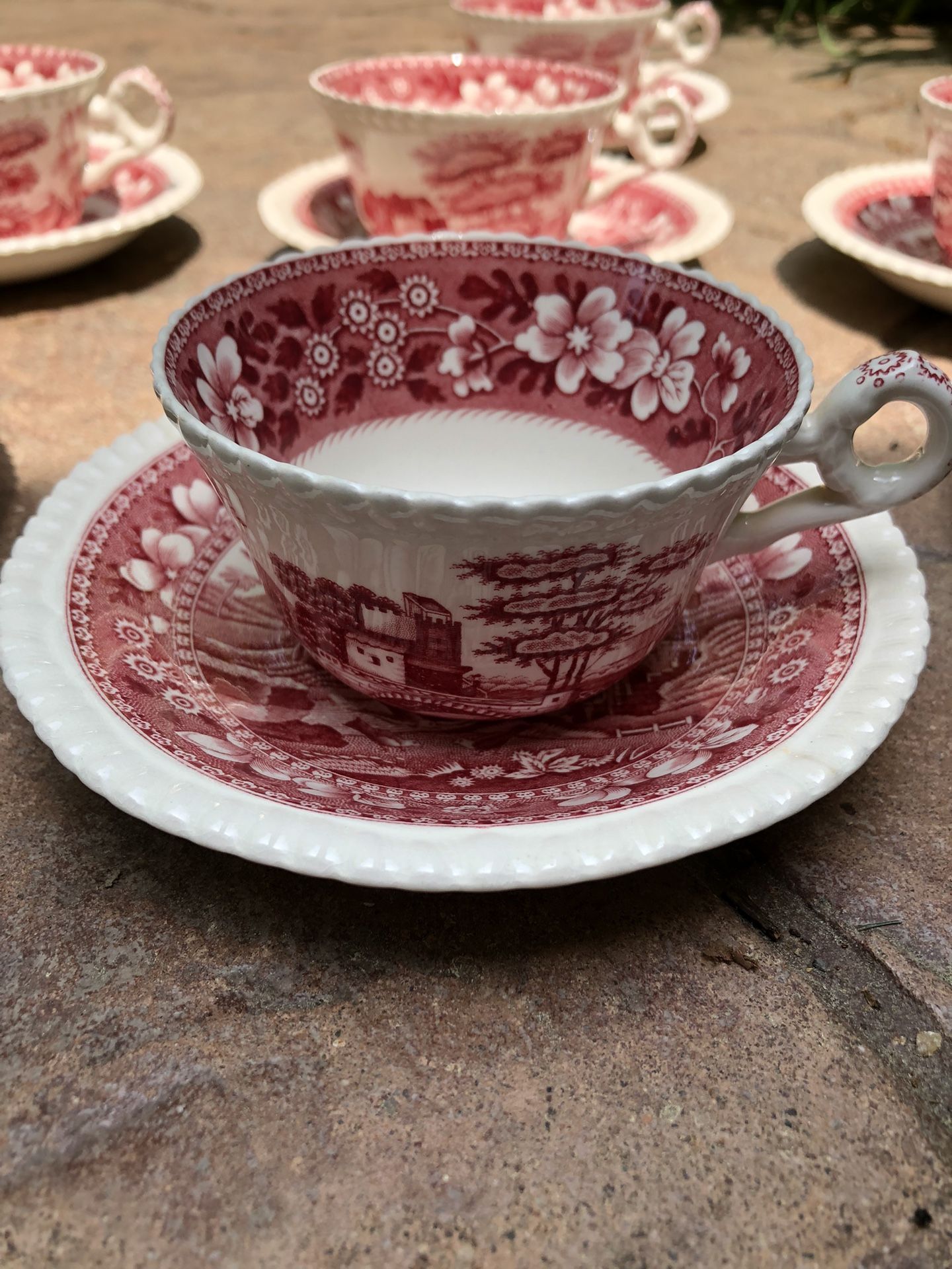Reduced Antique Copeland 7 Spode’s Tower Red-Pink Cups & Saucers Transferware Cash/Venmo White Bear Lake Home