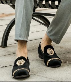 Men's Black Velvet Slip-On Loafers with Gold Lion Crest