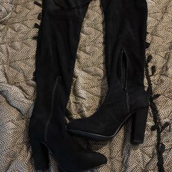 NO DOUBT BLACK SUEDE KNEE HIGH BOOTS HIGH HEEL COURTS ANKLE ZIP Size 6/39