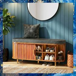 Entry Way Bench 43" With Shoe Storage And Padded Seat And Sliding Doors, New, Unassembled In Box.